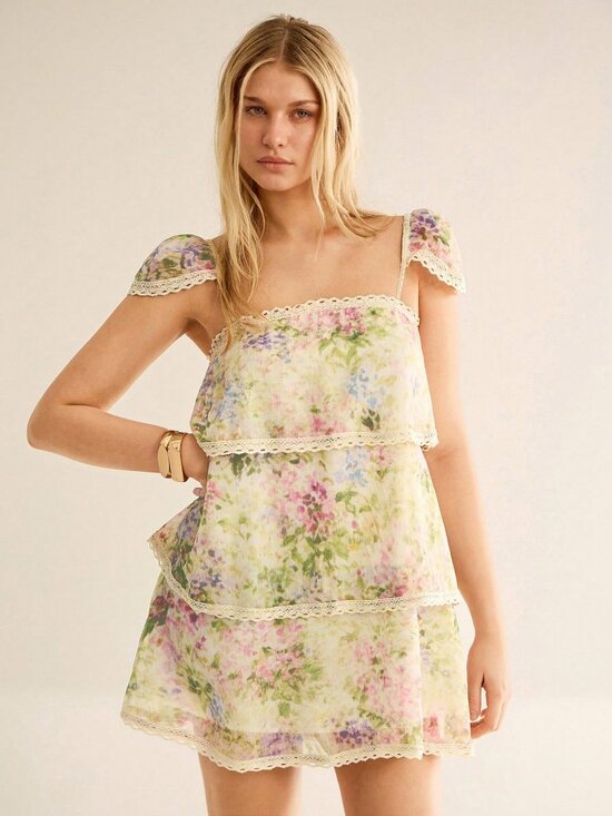 Dresses & Skirts - Multicolor Boho Women's Floral Print Lace Patchwork Lace Trim Ruffle Mini Dress